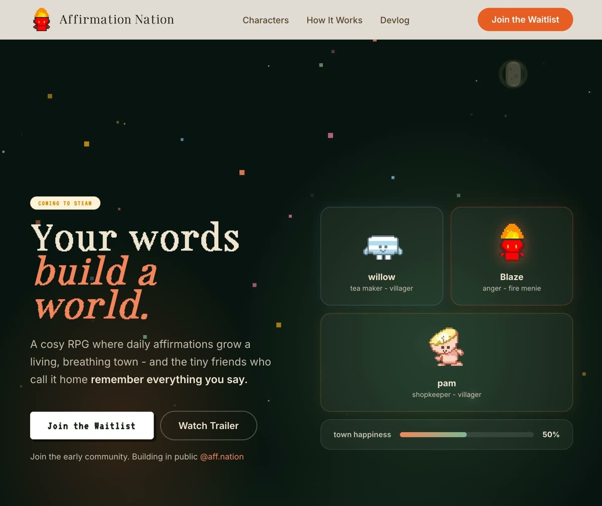 Affirmation Nation home page: pixel-art characters on a dark green night sky beside the headline Your words build a world