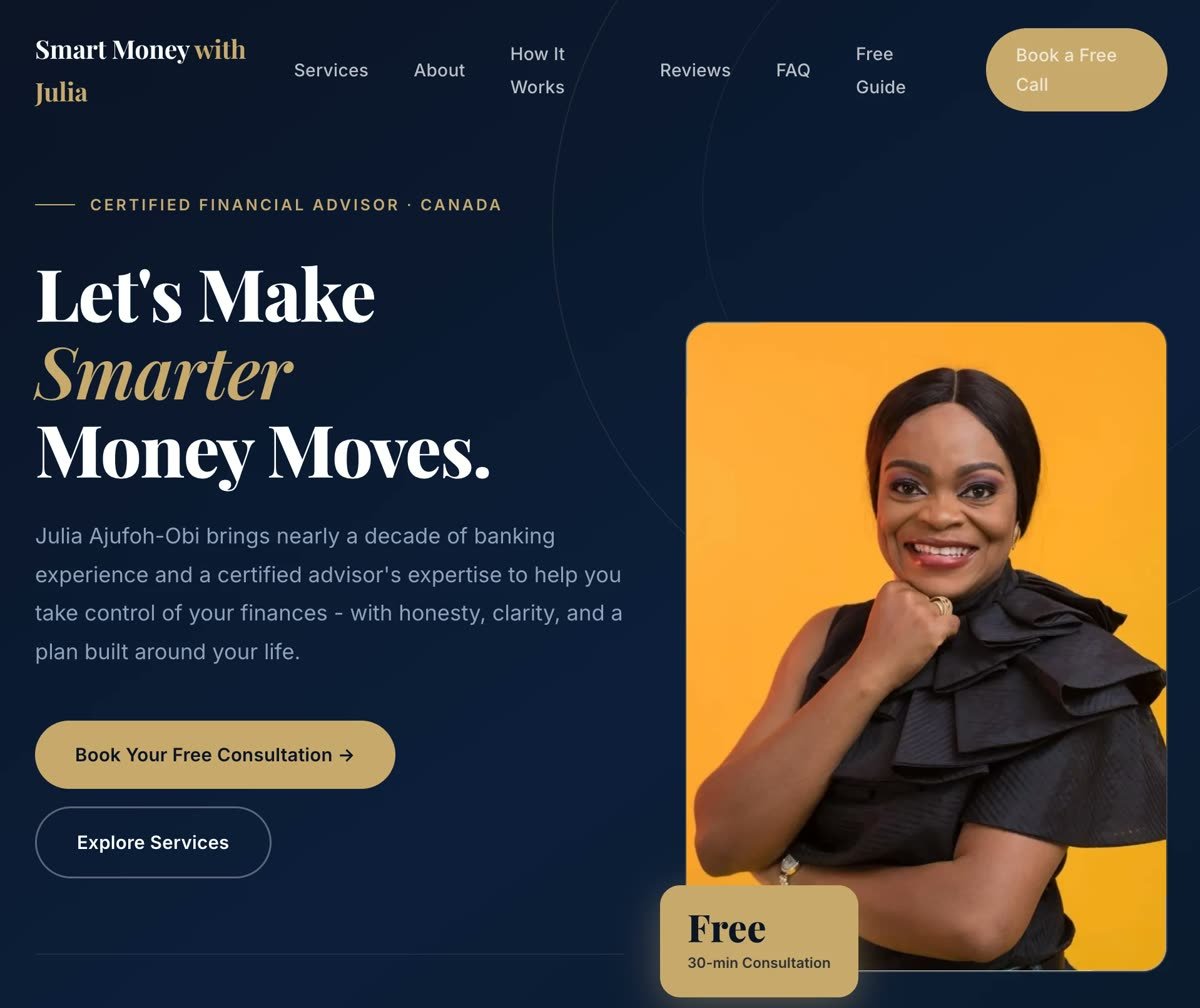 Smart Money with Julia home page: a navy and gold design with Julia's portrait and a Book Your Free Consultation button